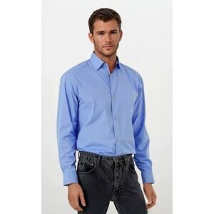 Calvin Klein Slim Fit Non Iron Button Down Shirt‎ Blue Herringbone Pinstripe L16